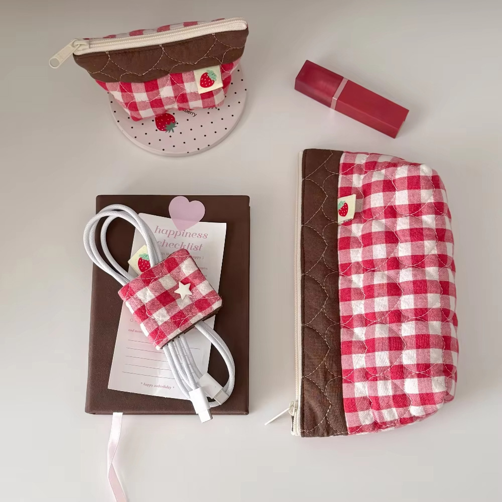 Cable Management Bag - Cute Plaid Cotton Headphone Bag with